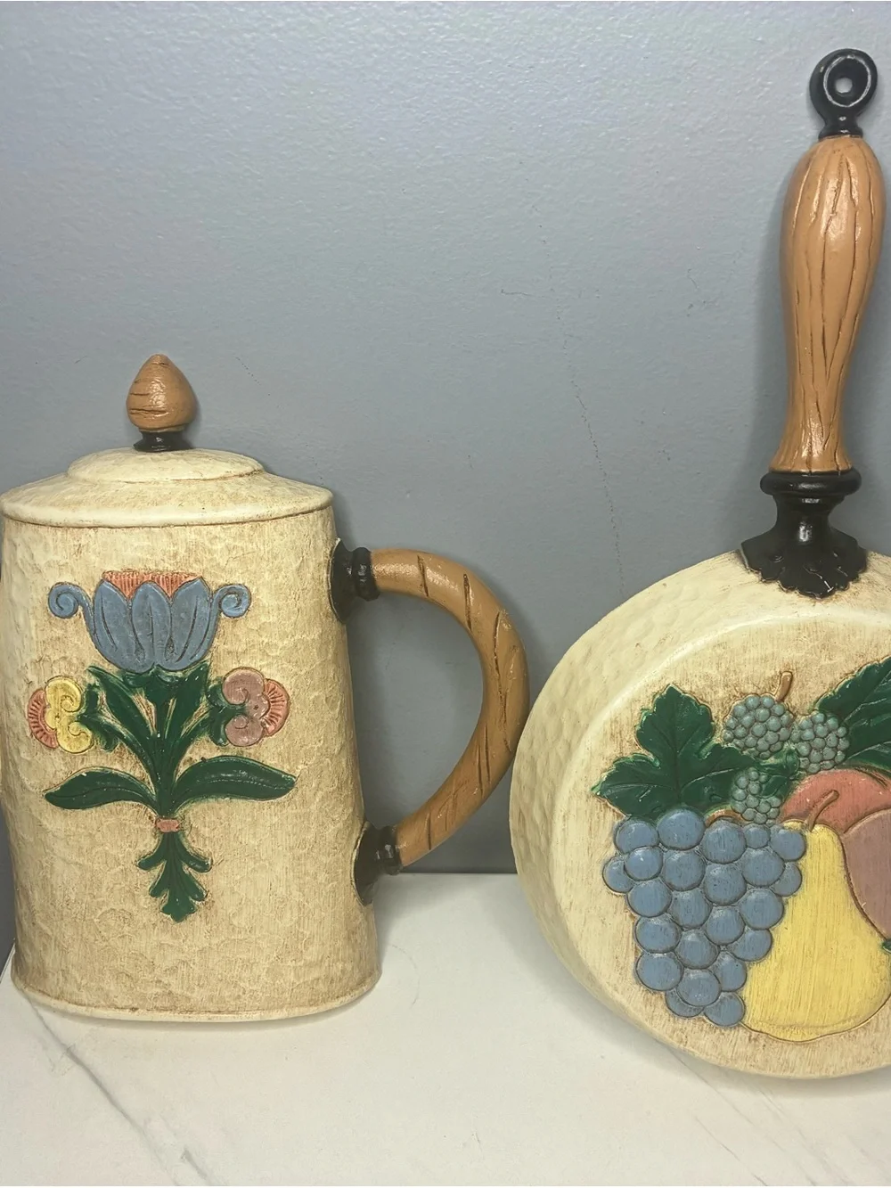 Home Interiors Faux Carved Kitchen Wall Plaques Coffee Pot & Fruit Pan Set